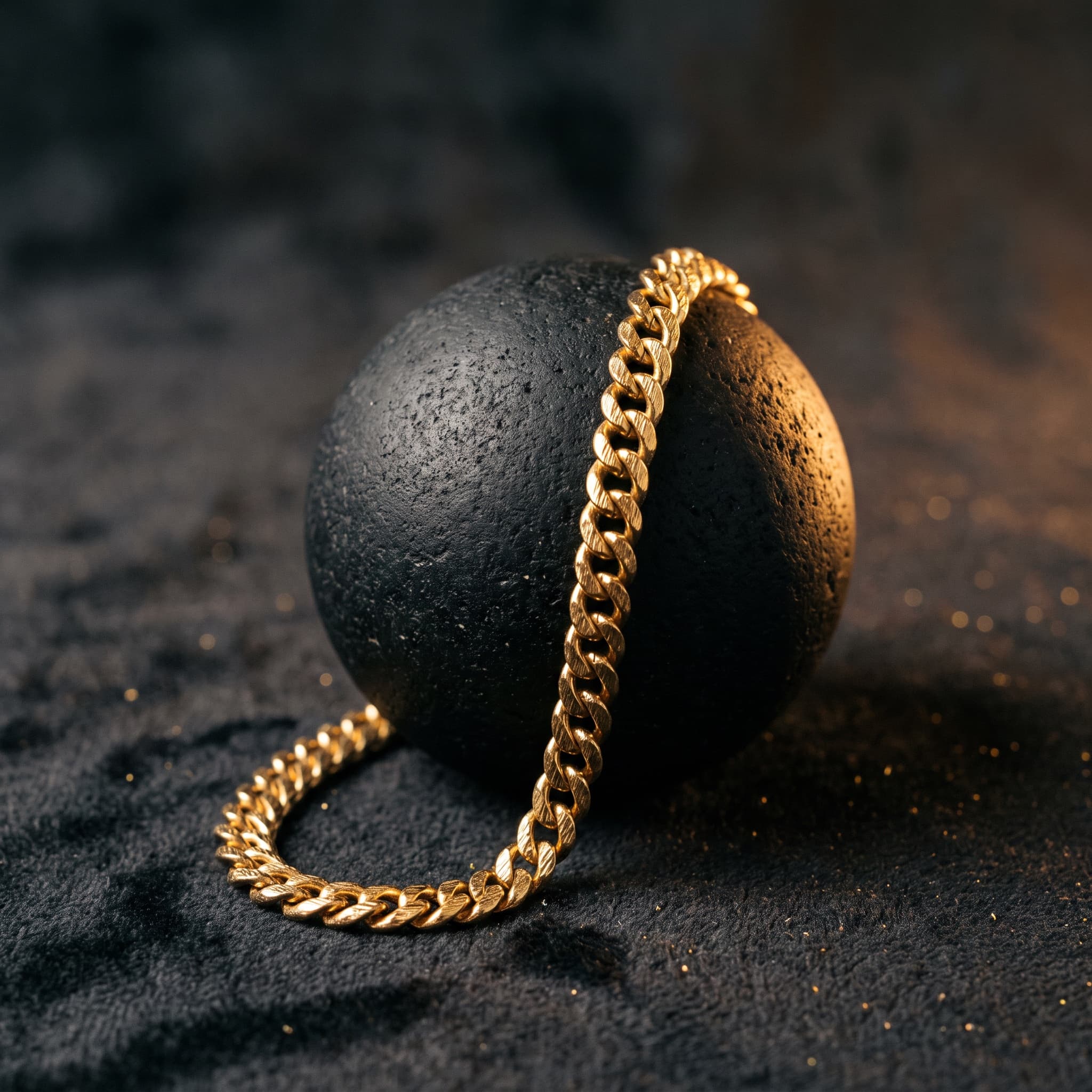 Gold chain necklace draped over a black stone sphere in warm rim light