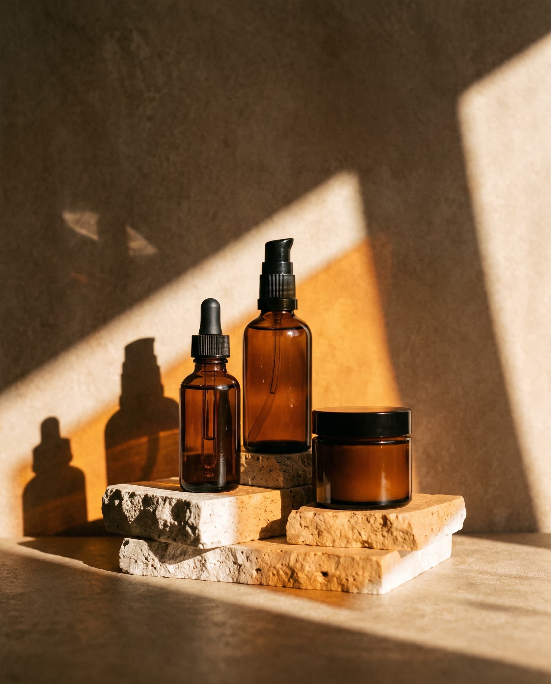 Amber glass skincare bottles on travertine with hard graphic shadows
