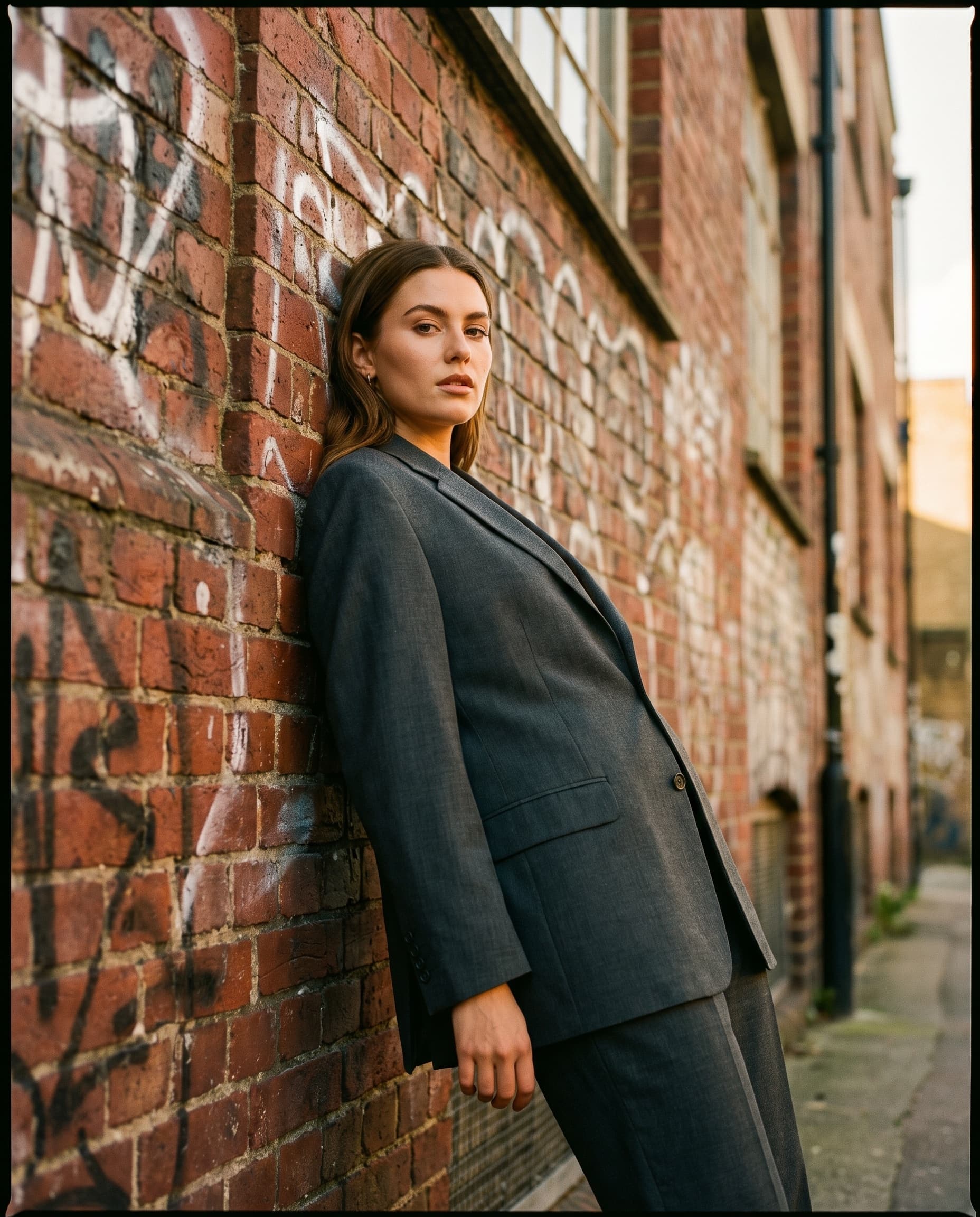 Model in an oversized charcoal suit against a red-brick East London wall