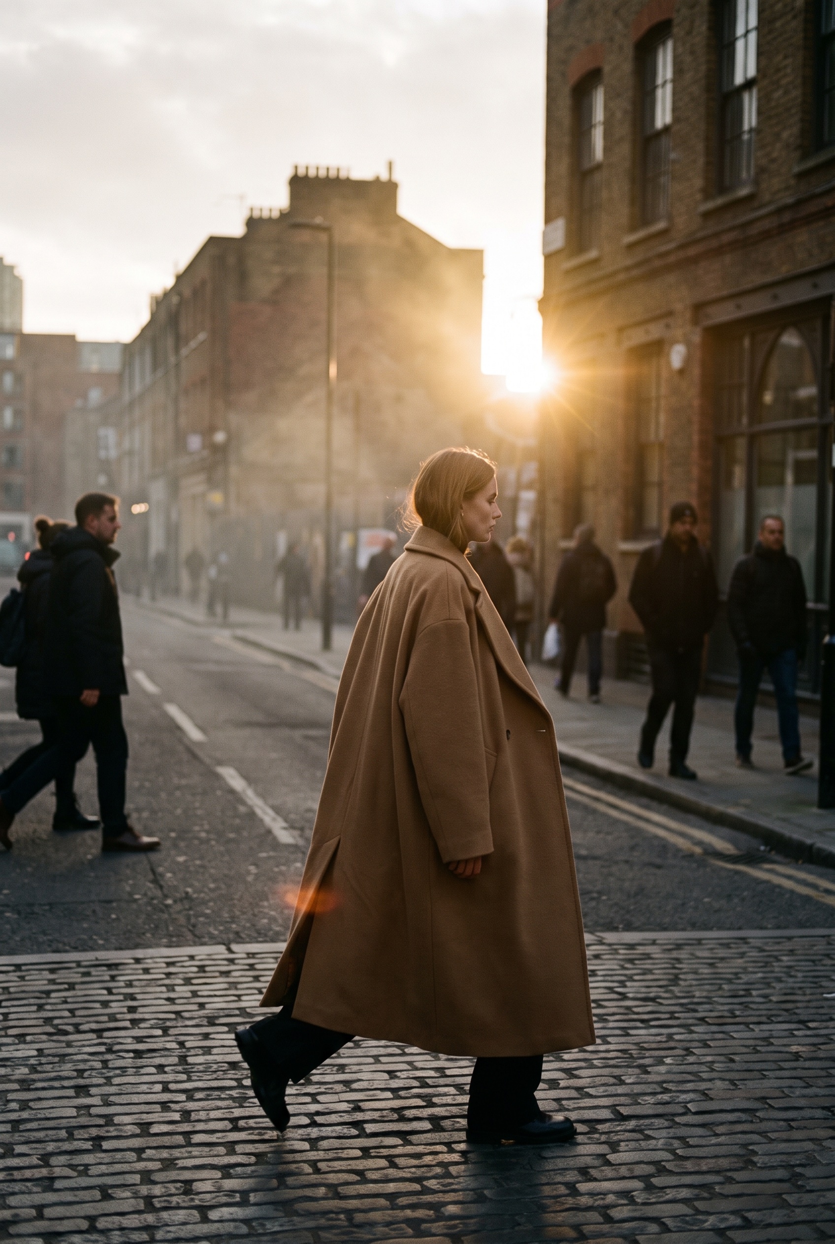 Model in an oversized camel coat mid-stride on a Shoreditch street at golden hour